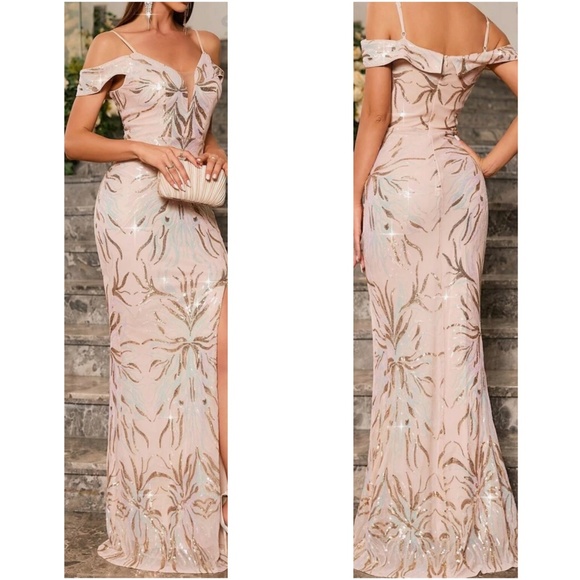 Luxe Rust Sequin Cold Shoulder Party Evening Wedding Prom Dress - Picture 8 of 13